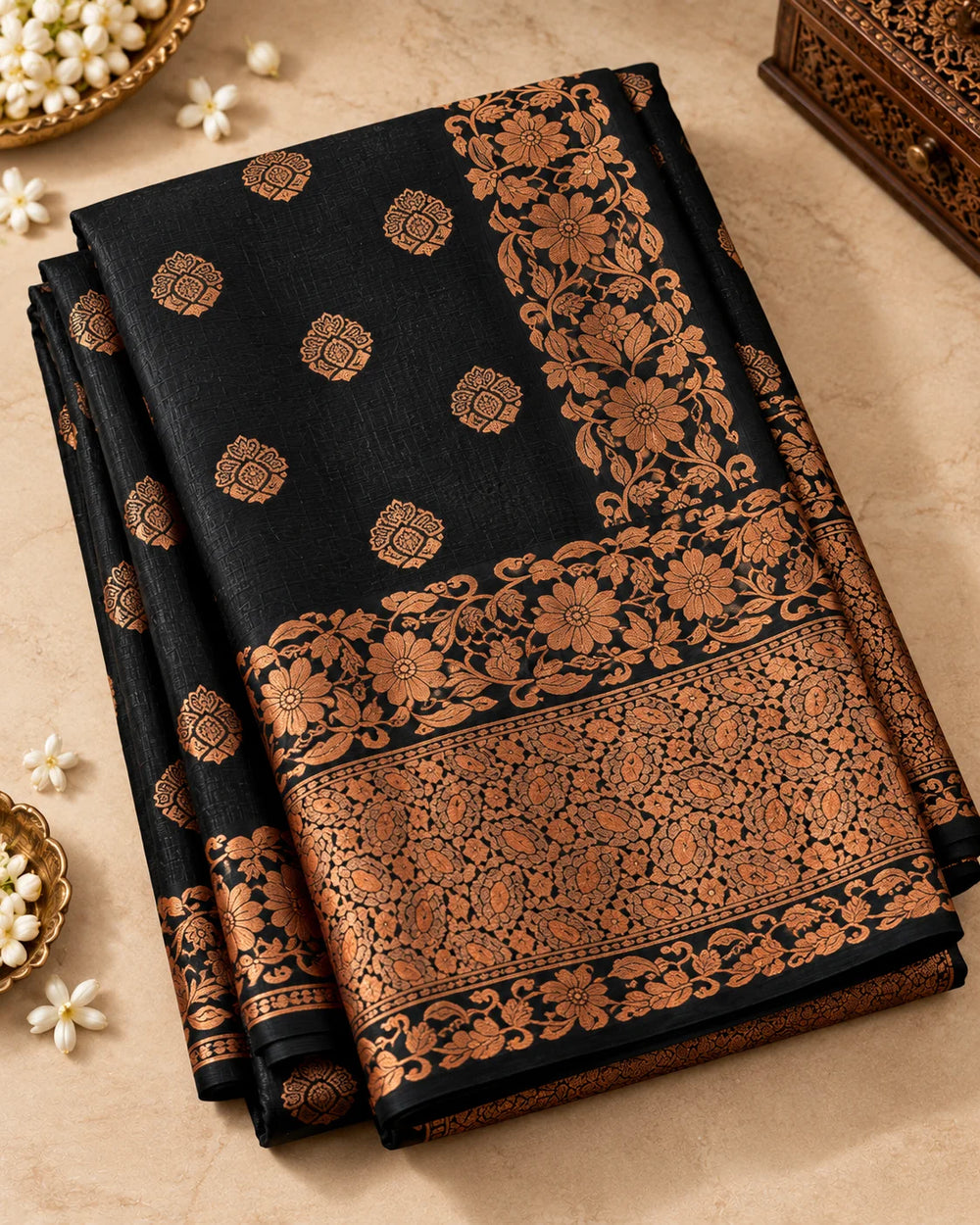 Elegant Black Banarasi Art Silk Saree with Copper Zari Floral Border & Pallu