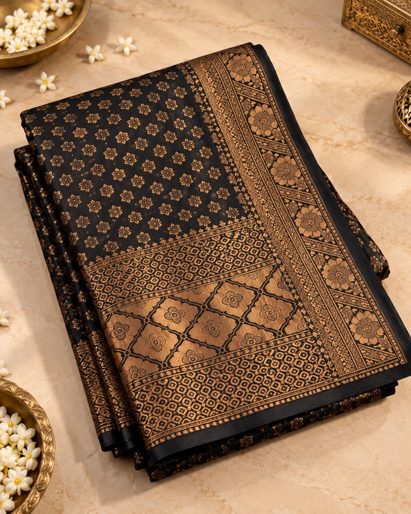 Elegant Black Woven Silk Saree with Intricate Golden Floral & Traditional Motifs
