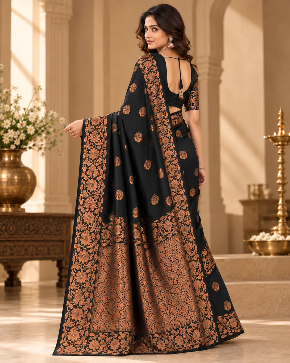 Elegant Black Banarasi Art Silk Saree with Copper Zari Floral Border & Pallu