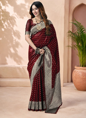 Wine Maroon & Silver Designer Saree