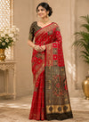Red & Black Woven Saree with Gold Zari Border