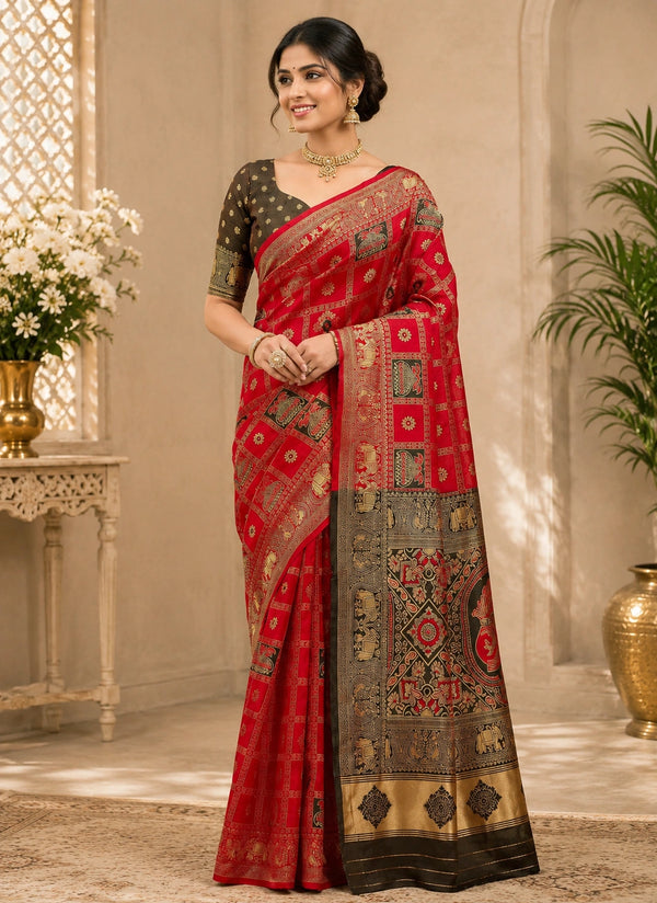 Red & Black Woven Saree with Gold Zari Border