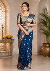 Royal Blue Woven Saree with Antique Gold Floral Zari Detailing