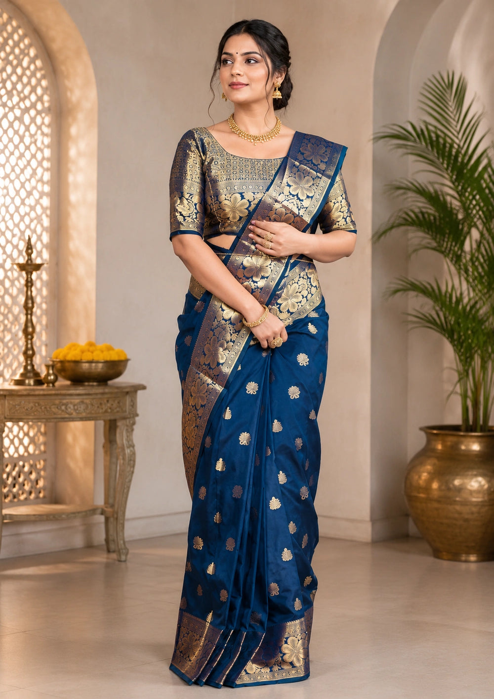 Royal Blue Woven Saree with Antique Gold Floral Zari Detailing