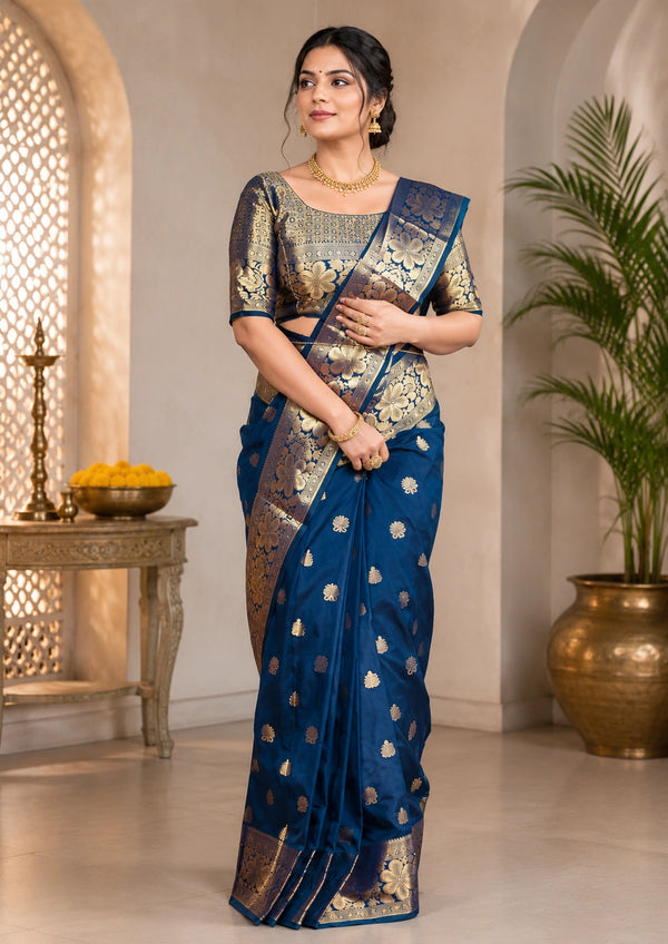 Royal Blue Woven Saree with Antique Gold Floral Zari Detailing