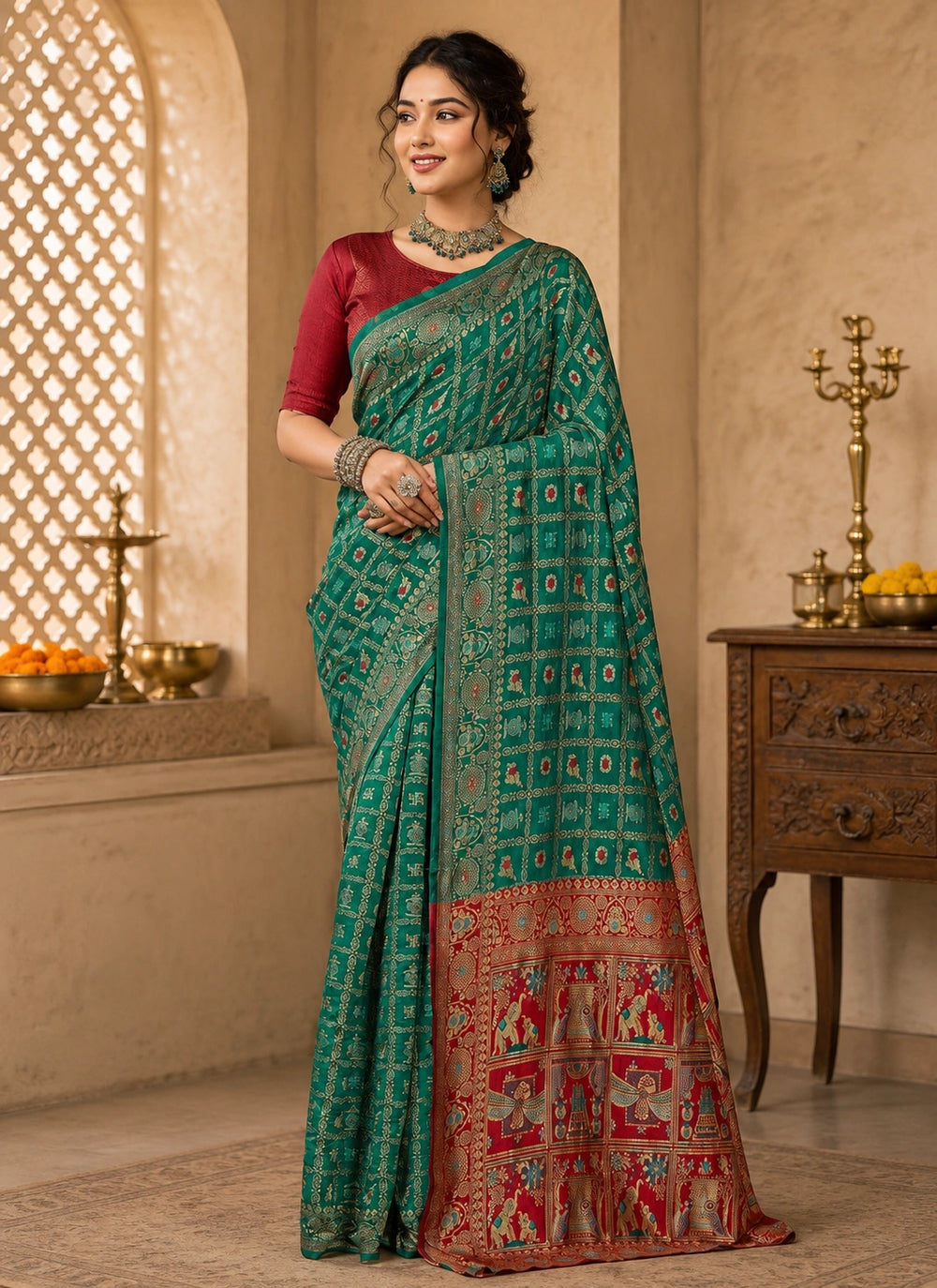 Teal Green Woven Saree with Red & Gold Traditional Pallu