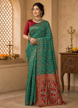 Teal Green Woven Saree with Red & Gold Traditional Pallu