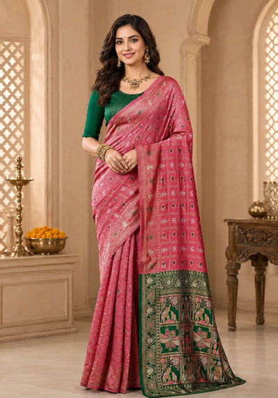 Pink & Green Woven Saree with Traditional Printed Pallu