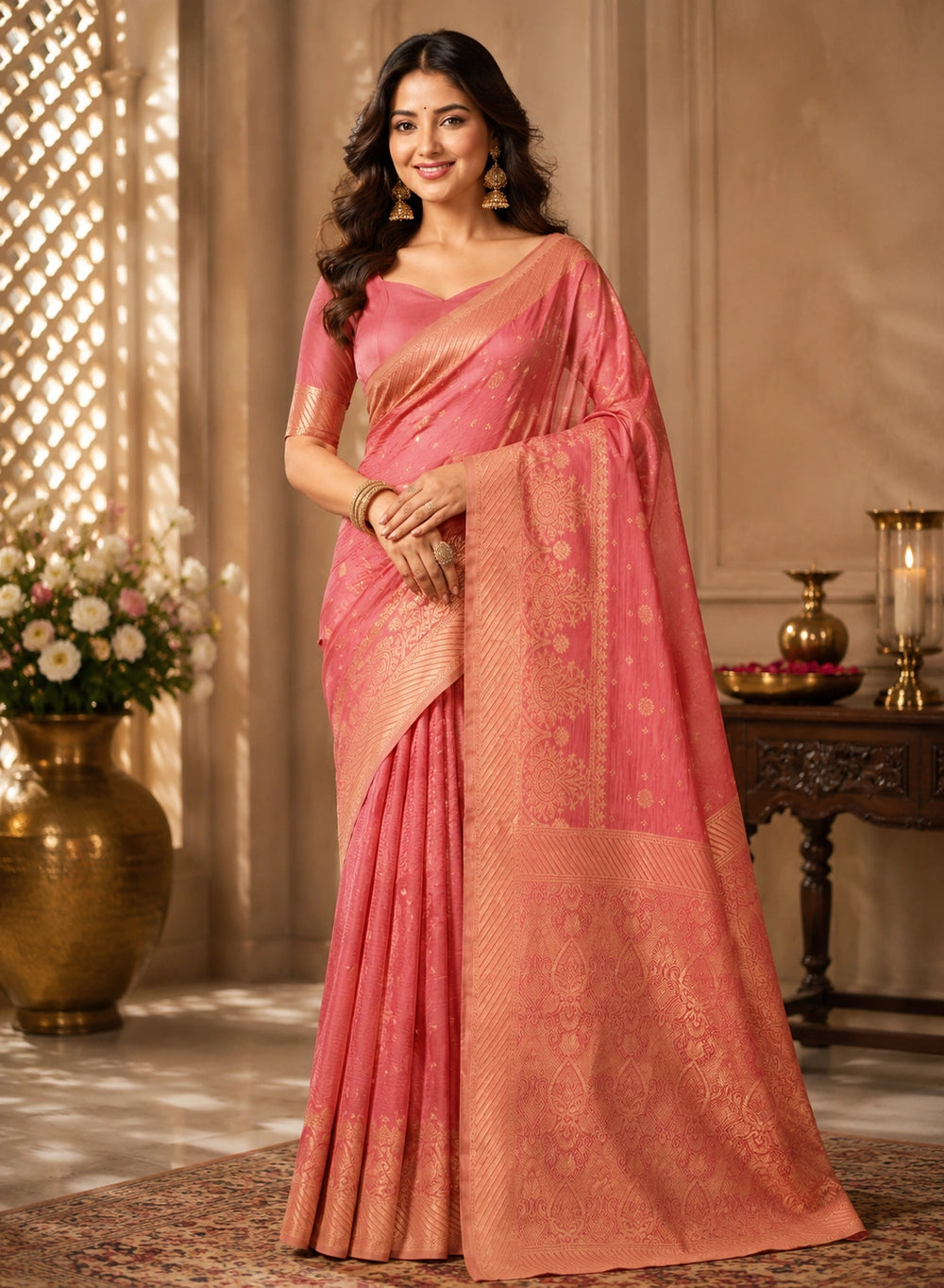 Elegant Pink Woven Saree with Rich Gold Traditional Pallu