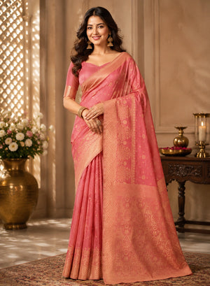 Elegant Pink Woven Saree with Rich Gold Traditional Pallu