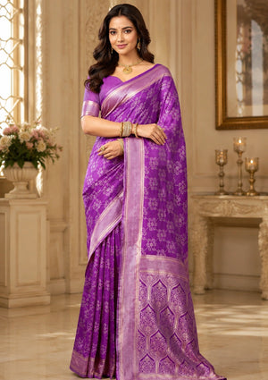 Elegant Royal Purple Designer Saree with Intricate Floral Motifs, Woven Border & Traditional Pallu
