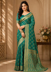 Elegant Teal Green Woven Silk Blend Saree with Gold Zari Floral Pattern & Designer Pallu