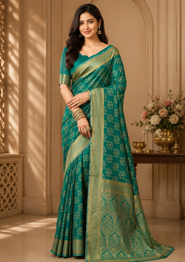 Elegant Teal Green Woven Silk Blend Saree with Gold Zari Floral Pattern & Designer Pallu