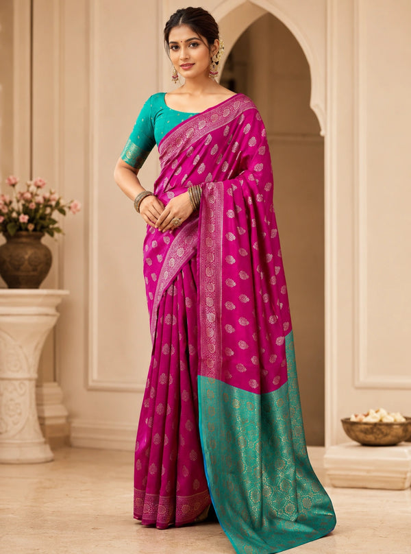Magenta Banarasi Saree with Teal Pallu & Zari Border