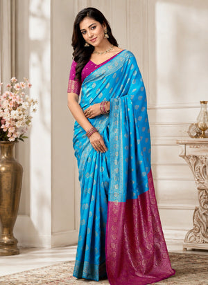 Banarasi Style Turquoise Blue & Magenta Art Silk Saree with Woven Zari Motifs
