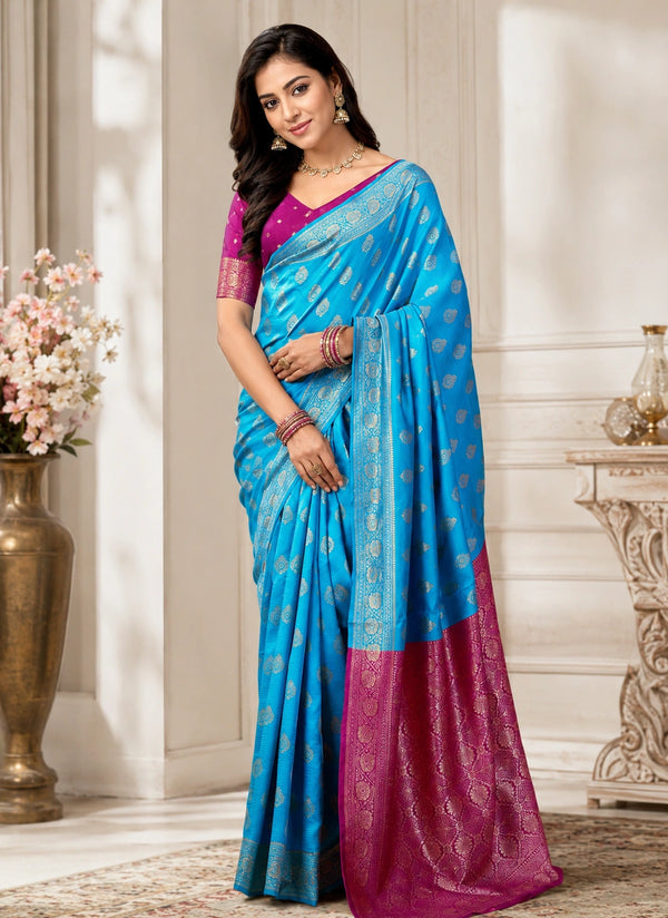 Banarasi Style Turquoise Blue & Magenta Art Silk Saree with Woven Zari Motifs