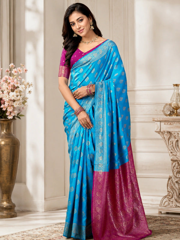 Banarasi Style Turquoise Blue & Magenta Art Silk Saree with Woven Zari Motifs