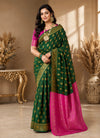 Bottle Green & Magenta Banarasi Style Art Silk Saree with Rich Gold Woven Motifs