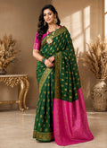 Bottle Green & Magenta Banarasi Style Art Silk Saree with Rich Gold Woven Motifs