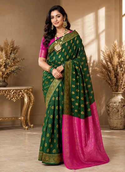 Bottle Green & Magenta Banarasi Style Art Silk Saree with Rich Gold Woven Motifs