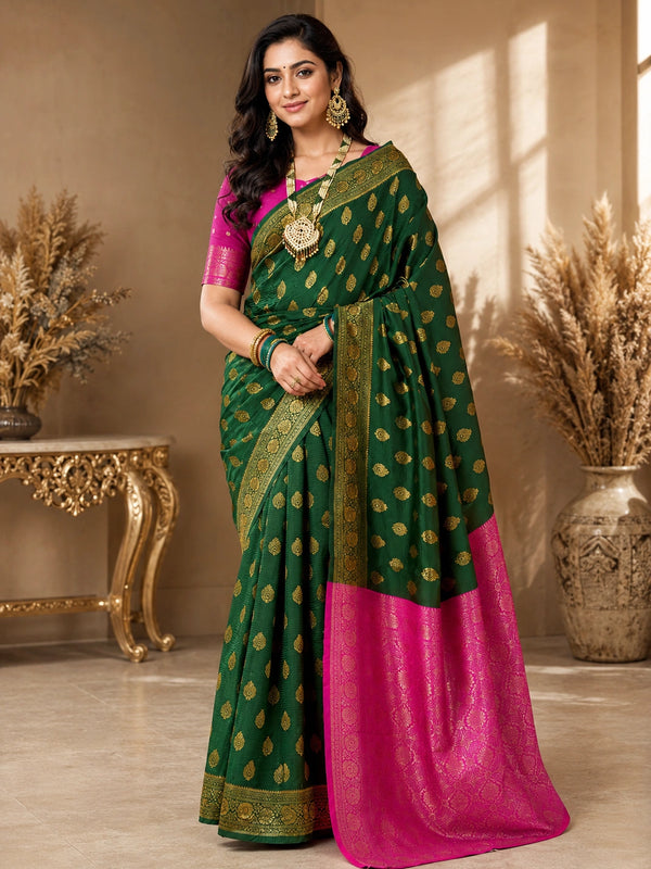Bottle Green & Magenta Banarasi Style Art Silk Saree with Rich Gold Woven Motifs