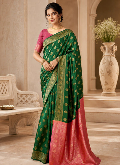 Emerald Green & Rani Pink Banarasi Style Art Silk Saree with Gold Woven Motifs