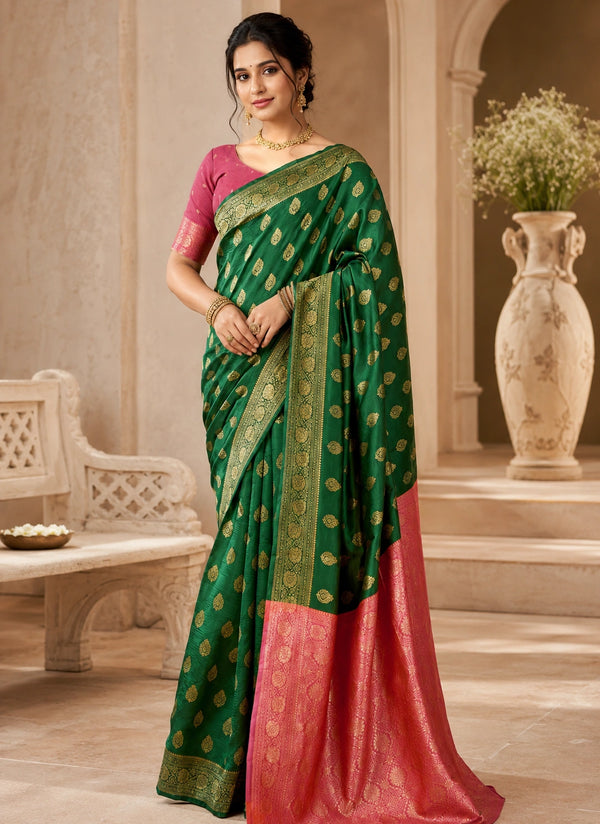 Emerald Green & Rani Pink Banarasi Style Art Silk Saree with Gold Woven Motifs