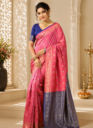 Pink & Royal Blue Banarasi Style Art Silk Saree with Gold Woven Motifs and Rich Contrast Pallu