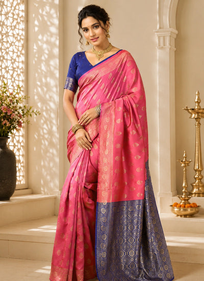 Pink & Royal Blue Banarasi Style Art Silk Saree with Gold Woven Motifs and Rich Contrast Pallu