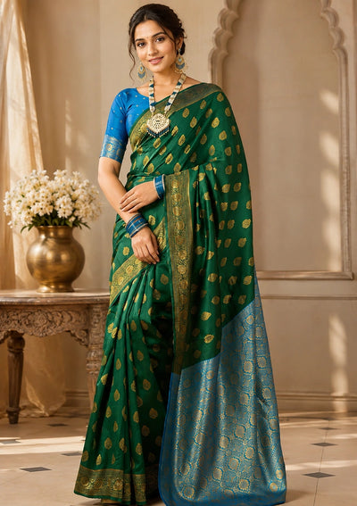 Emerald Green & Blue Banarasi Zari Motif Saree | Festive & Wedding Wear