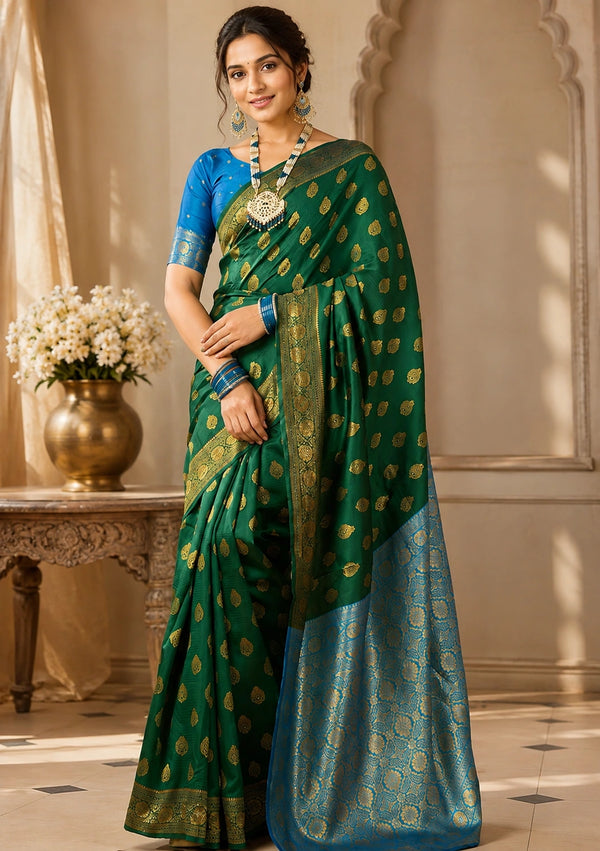 Emerald Green & Blue Banarasi Zari Motif Saree | Festive & Wedding Wear