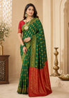 Emerald Green & Red Banarasi Zari Buti Saree | Wedding & Festive Wear