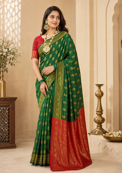 Emerald Green & Red Banarasi Zari Buti Saree | Wedding & Festive Wear