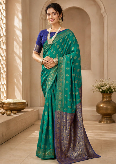 Teal Green & Royal Blue Banarasi Zari Buti Saree