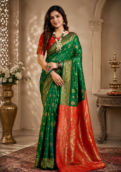 Emerald Green & Red Banarasi Zari Buti Saree