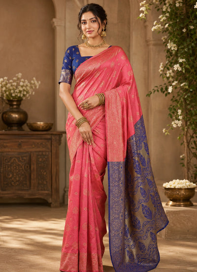 Coral Pink & Royal Blue Banarasi Zari Buti Saree