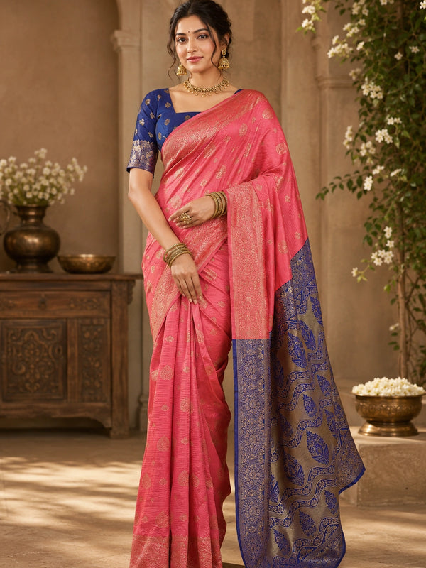 Coral Pink & Royal Blue Banarasi Zari Buti Saree