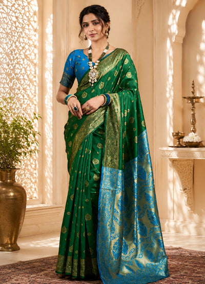 Emerald Green & Sky Blue Banarasi Zari Motif Saree