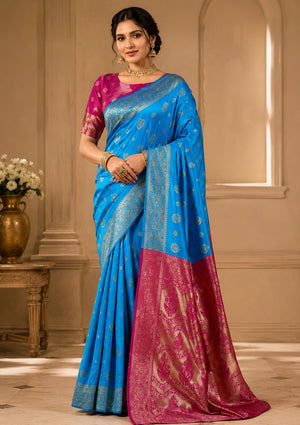 Magenta Pink & Turquoise Blue Banarasi Zari Motif Saree