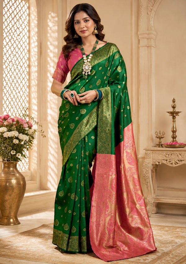 Emerald Green & Blush Pink Banarasi Zari Motif Saree