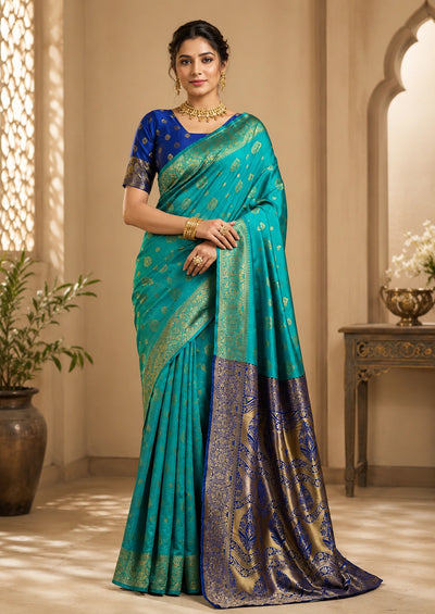 Teal Blue & Royal Blue Banarasi Zari Motif Saree with Designer Pallu