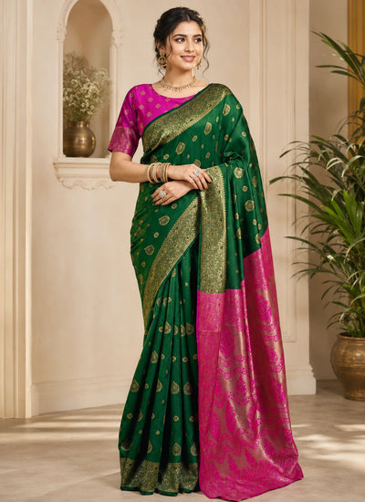 Emerald Green & Rani Pink Banarasi Art Silk Saree with Zari Motifs and Designer Pallu
