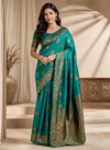 Teal Green Art Silk Saree with Golden Floral Zari Border & Woven Motifs