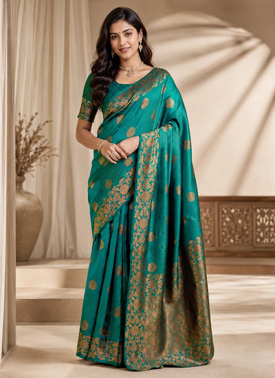 Teal Green Art Silk Saree with Golden Floral Zari Border & Woven Motifs