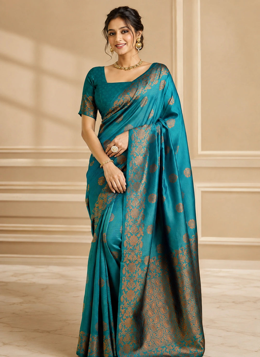 Teal Blue Art Silk Saree with Copper Gold Floral Zari Border & Designer Pallu