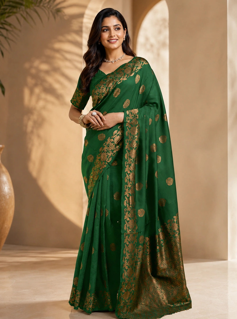 Emerald Green Art Silk Saree with Antique Gold Floral Zari Border & Pallu