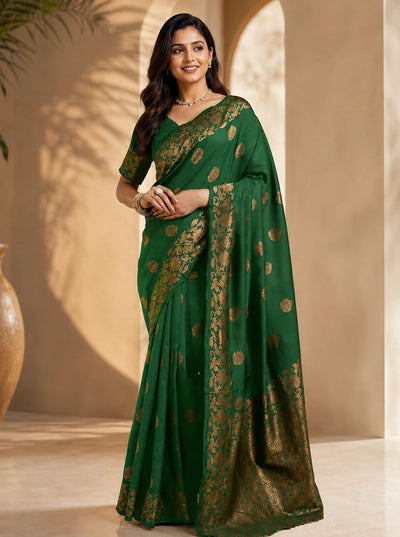 Emerald Green Art Silk Saree with Antique Gold Floral Zari Border & Pallu