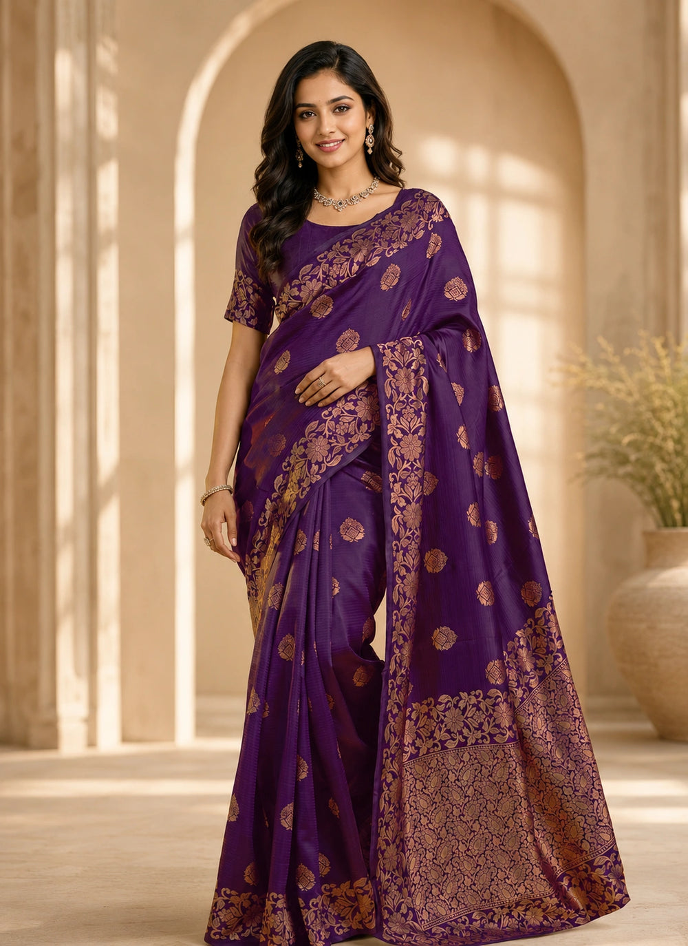 Royal Purple Art Silk Saree with Antique Gold Floral Zari Border & Designer Pallu