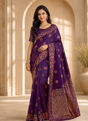 Royal Purple Art Silk Saree with Antique Gold Floral Zari Border & Designer Pallu
