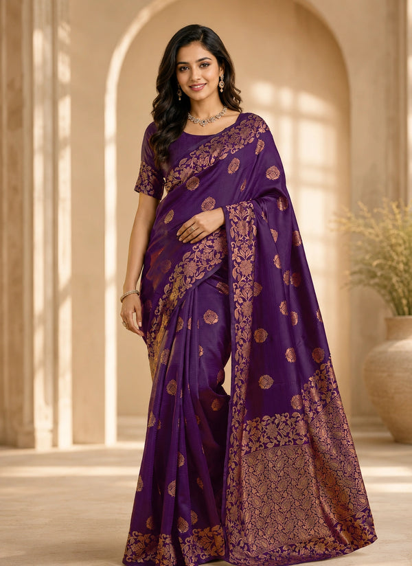 Royal Purple Art Silk Saree with Antique Gold Floral Zari Border & Designer Pallu